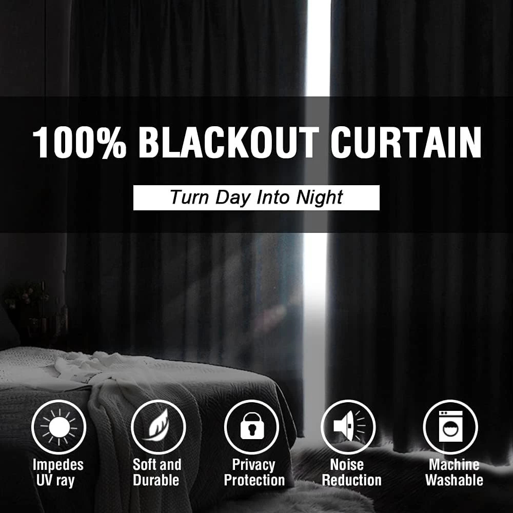 5/6/7/8/9ft 100% Blackout Curtains with Black Liner Thermal Insulated Noise Reducing Full Shading - Image 3