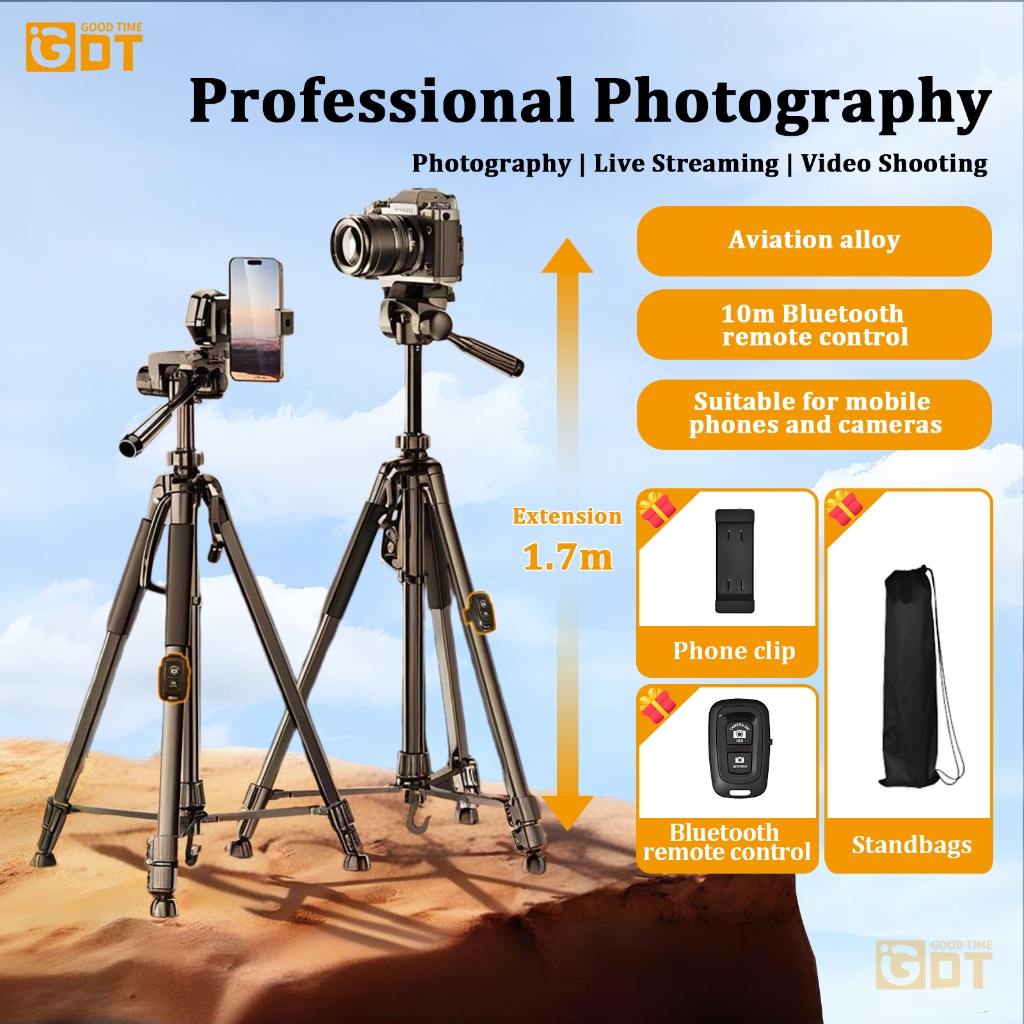 GDT Camera Tripod 1.7M Tripod Stand With Bluetooth Remote Phone Holder Extendable Tripod For DSLR