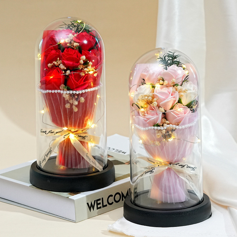 Artificial Rose Flower Glass Cover Dome Eternal Flower Bouquet LED Birthday Gift Valentine's Gift - Image 7