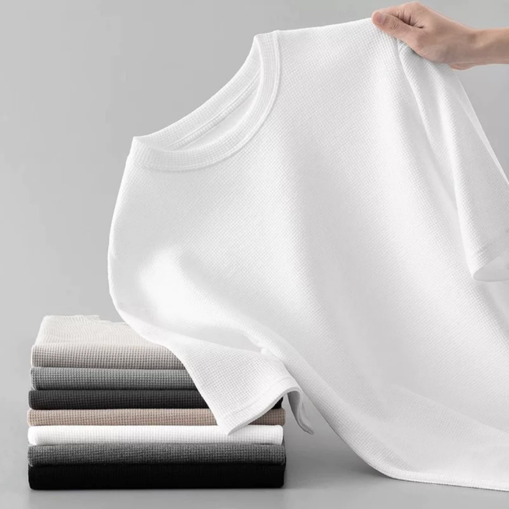 Total 4 pieces waffle unisex T-shirt round neck oversized men's solid color T-shirt tropical trend c - Image 7