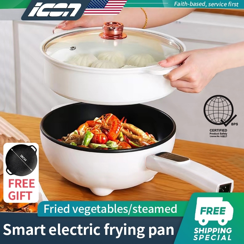 ICON Electric Frying Pan 2Layer Cooker Multifunctional Rice Cooker Non Stick Mini Pot With Steamer