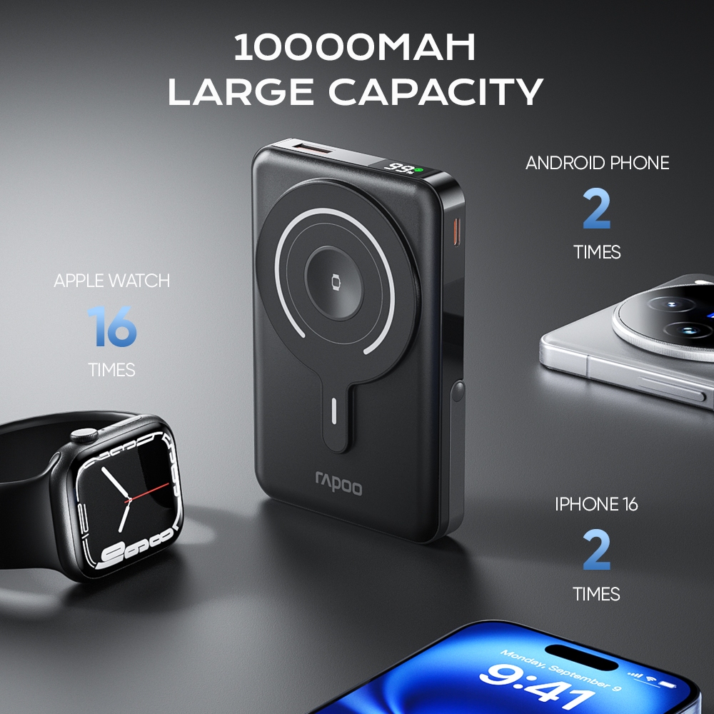 Rapoo P1 10000mAh High Capacity 22.5W Type-C Built Cable with Magnetic Fast Charging Powerbank -blck - Image 2