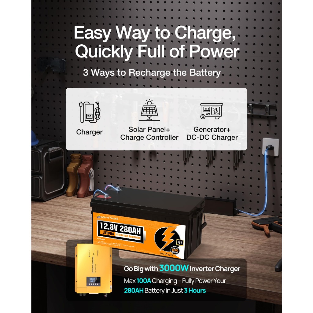 GENTAI Bluetooth LiFePO4 Battery 12V 280Ah Lithium Battery 200A BMS for Solar System, Backup Power - Image 8