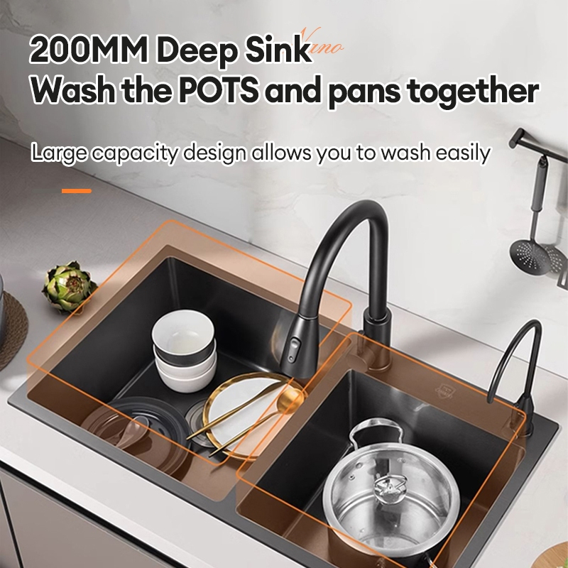 SUS304 kitchen sink thick free drain and basket single double black and silver stainless steel - Image 2