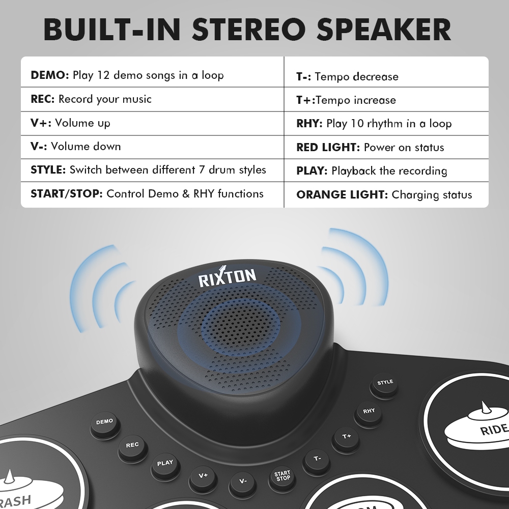 RIXTON Portable Electronic Drum Digital Roll-up Digital Drum Set Silicone Electric Drum Pad Kit - Image 2