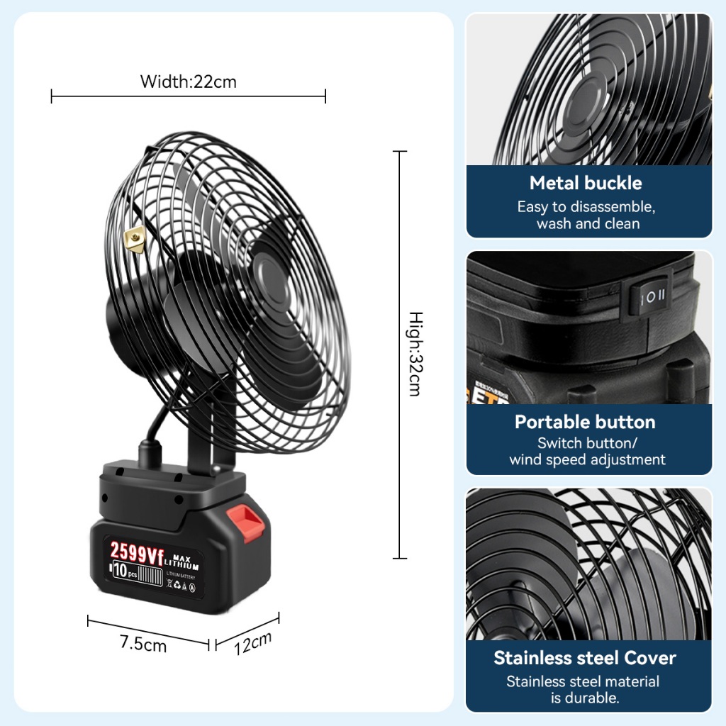 8 Inch Cordless Electric Fan Portable Fan High Power Outdoor Fan Adjustable Lithium Low Noise Fan - Image 5