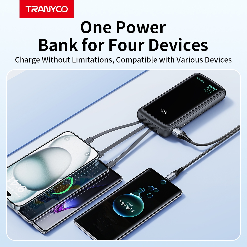 Tranyoo D11 20000mAh Power Bank Built in 4 Cables Lightning / Type-c / Micro USB/ USB Fast Charging - Image 4