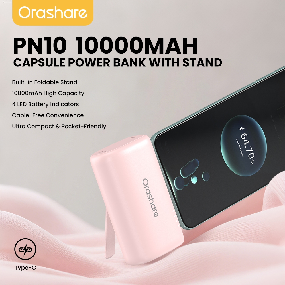 Orashare PN10 10000mAh Mini Powerbank Built-in Light ning/Type-C Plug With Stand Portable Charger - Image 8