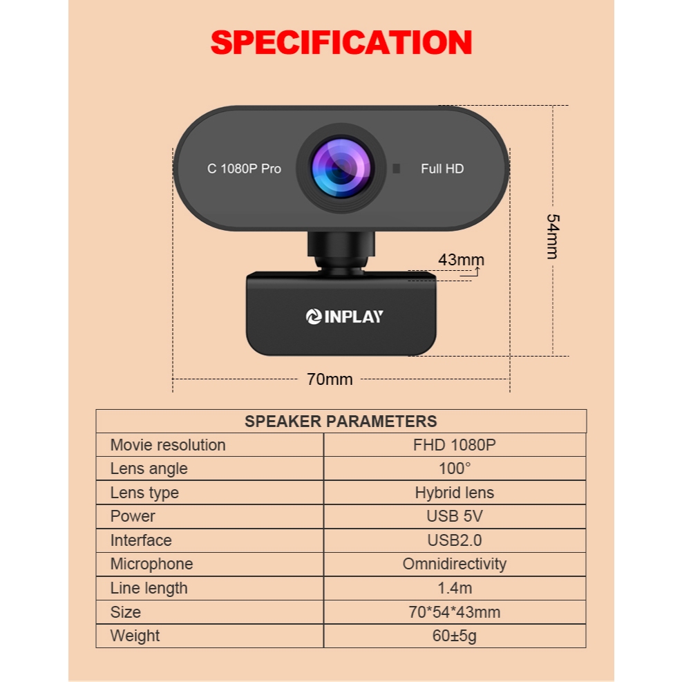 Inplay C1080PRO Web Camera HD 1080P USB 2.0 Port Hi-Speed With Mic Web Camera For PC Laptop Camera - Image 8