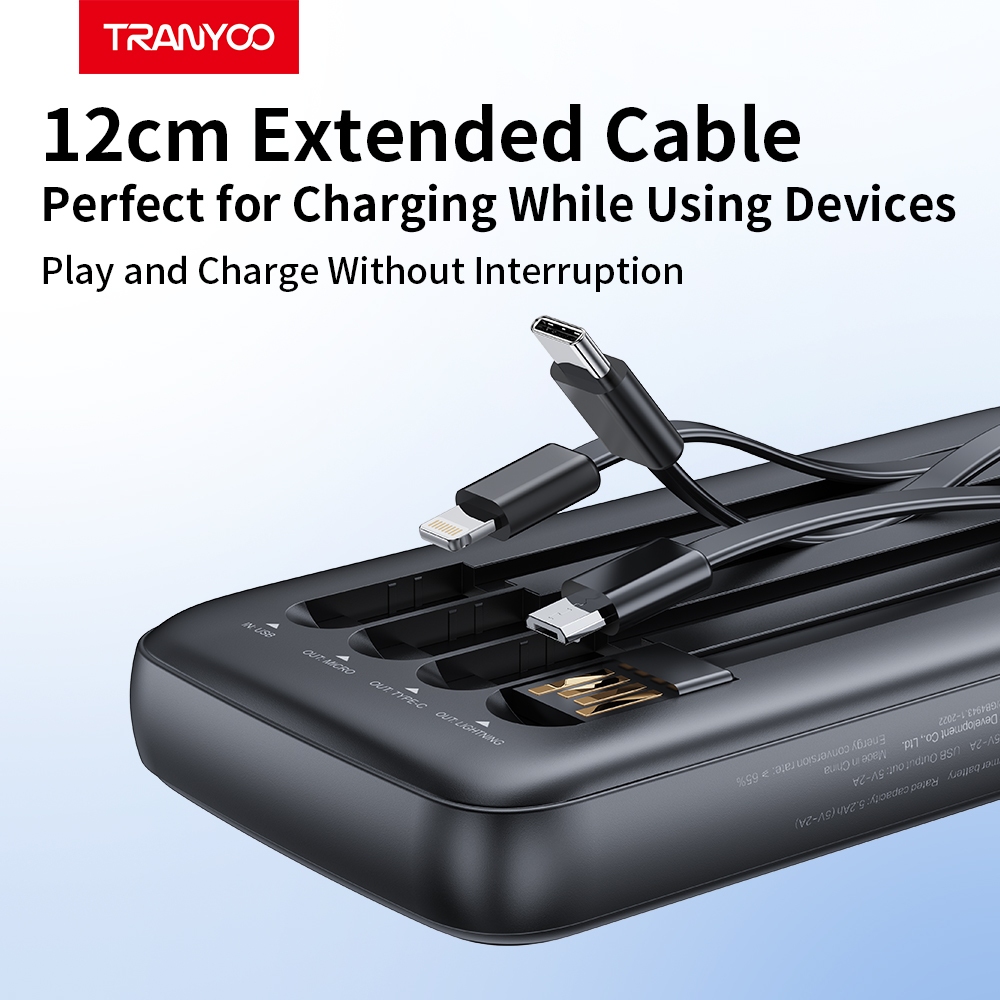 Tranyoo D11 20000mAh Power Bank Built in 4 Cables Lightning / Type-c / Micro USB/ USB Fast Charging - Image 6