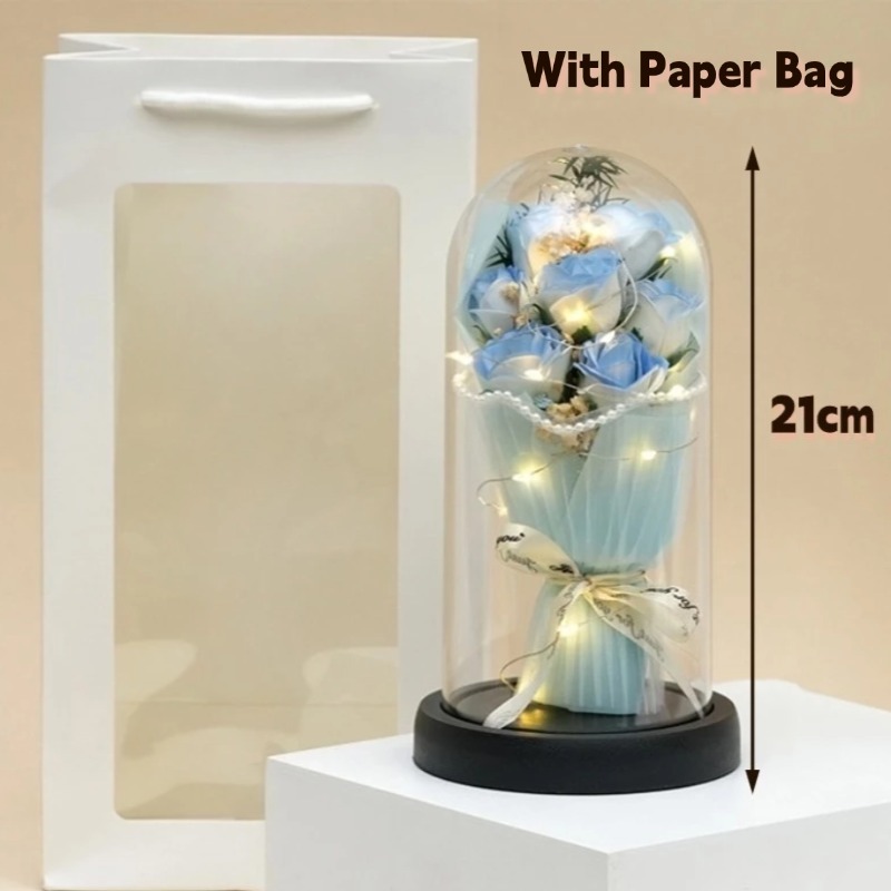 Artificial Rose Flower Acrylic Cover Dome 7Pcs Eternal Rose Flower Bouquet 3Modes LED Light For Gift - Image 2