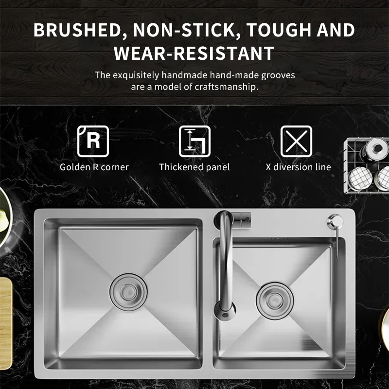 SUS304 kitchen sink thick free drain and basket single double black and silver stainless steel - Image 3