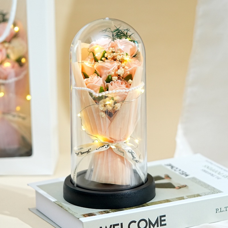 Artificial Rose Flower Acrylic Cover Dome 7Pcs Eternal Rose Flower Bouquet 3Modes LED Light For Gift - Image 5