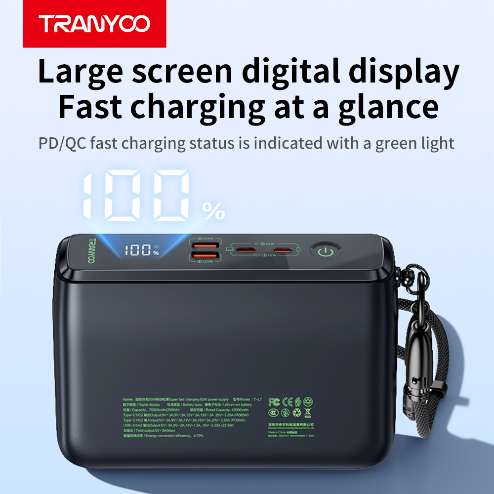Tranyoo L7 70000mAh 65W Powerbank Original Super Fast Charging A Laptop Portable data cable 65W - Image 4