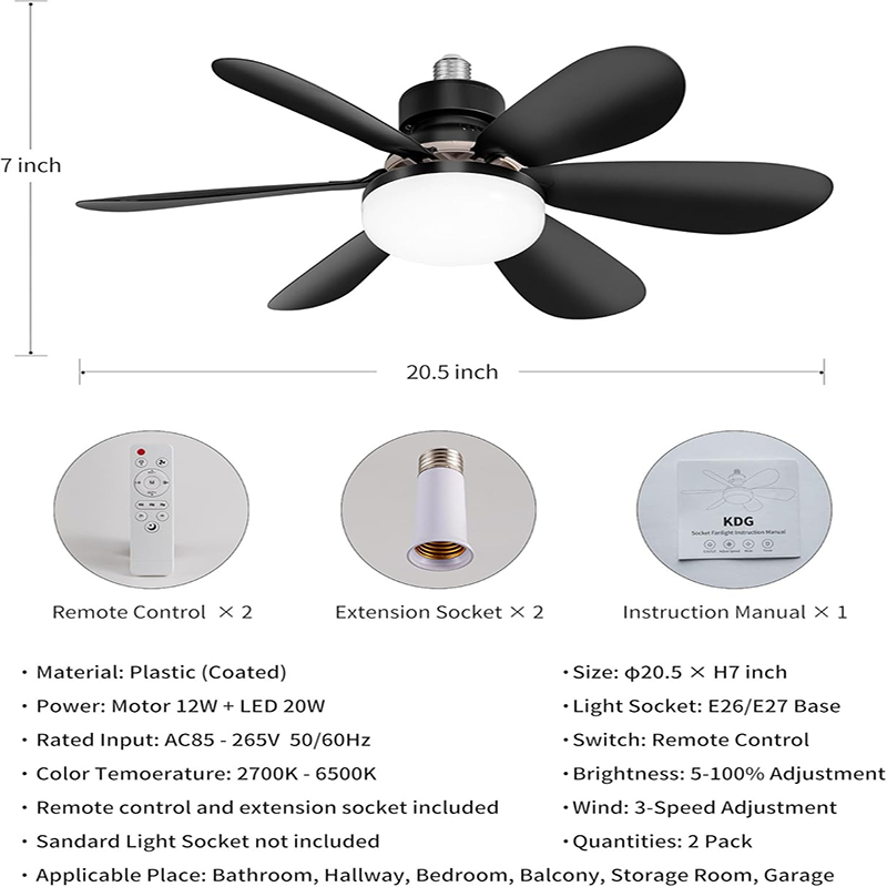 Fandis Black Rotate Ceiling Fan Lights With Remote E27 Tri-color 30 Watss Dimming LED Light - Image 3