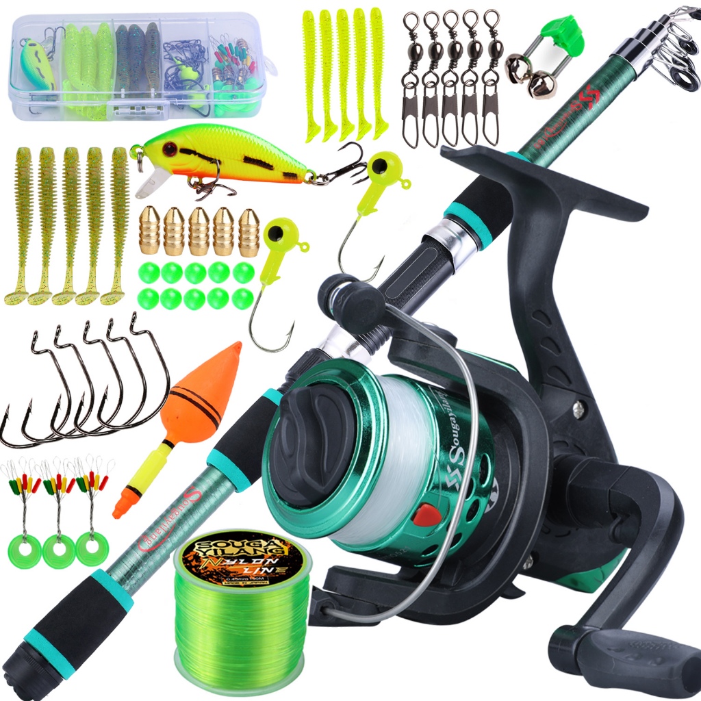 Full Set 1.8m Telescopic Fishing Rod Glass Fiber 6 Sections and Fishing Reel with Line Accessories