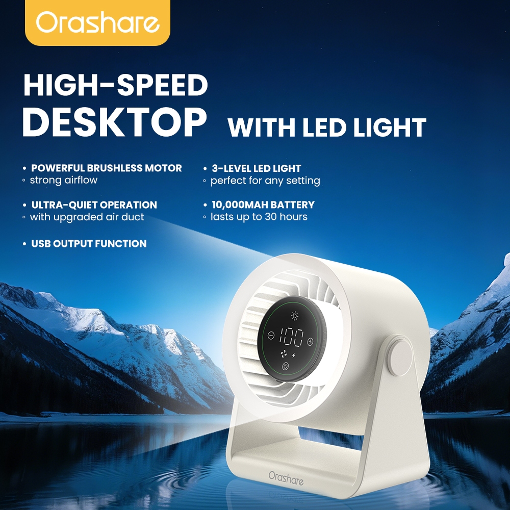 Orashare DF03L 10000mAh Rechargeable Desk Fan with LED Light 100 Gears Silent High Speed Table Fan