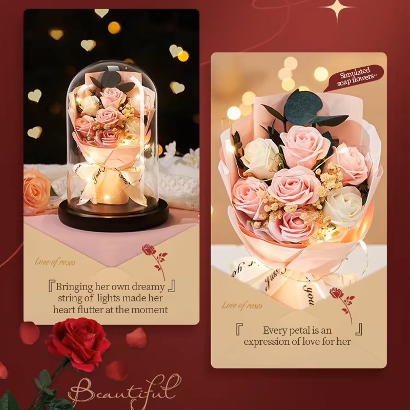 Artificial Rose Flower Glass Cover Dome Eternal Flower Bouquet LED Birthday Gift Valentine's Gift - Image 5