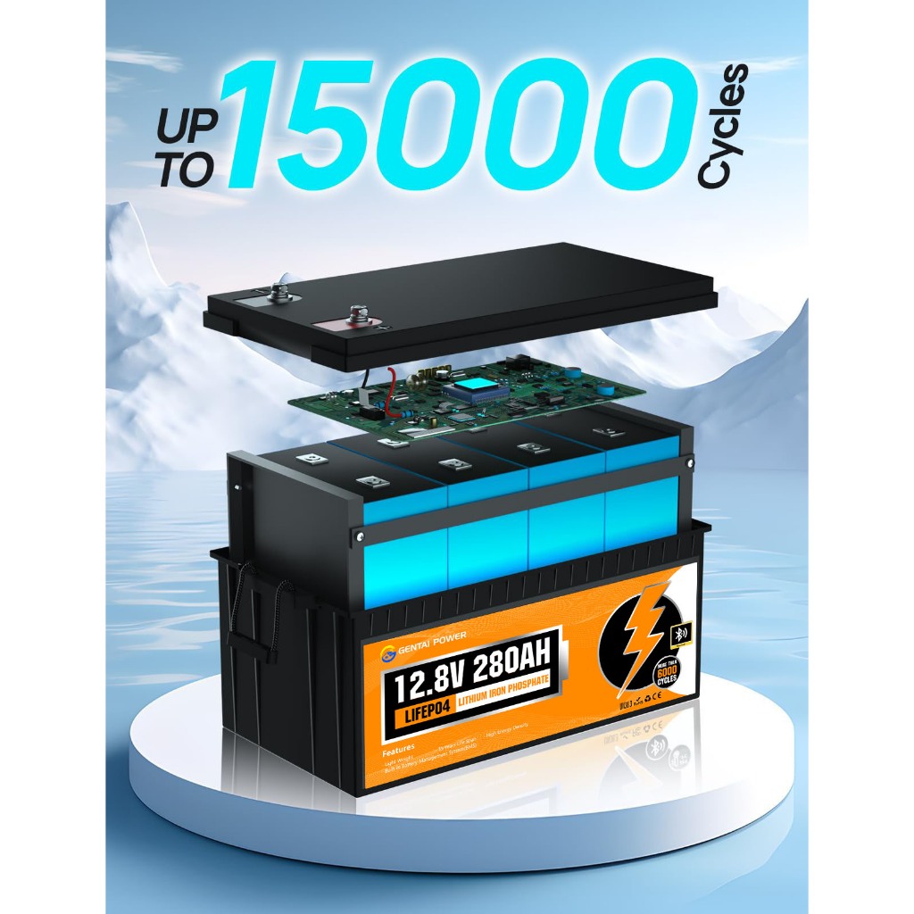 GENTAI Bluetooth LiFePO4 Battery 12V 280Ah Lithium Battery 200A BMS for Solar System, Backup Power - Image 3