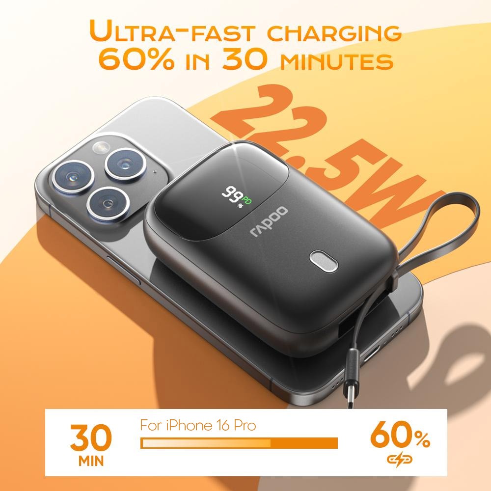 Rapoo RH10mPro/RH10ms Pro 10000mAh PD20W Light Ning and Type C Cable Powerbank with Cord QC3.0 22.5W - Image 3
