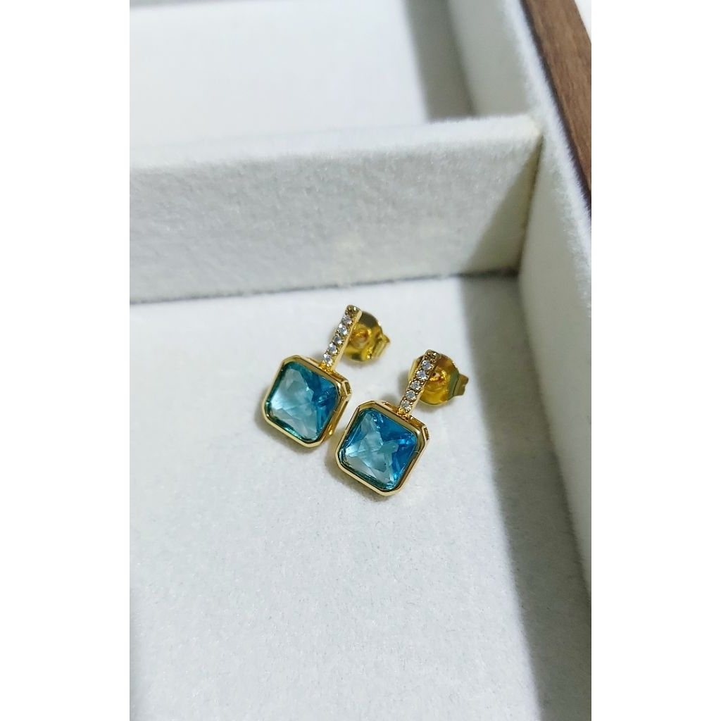 Square cut Aquamarine Drop Earrings w/dia.