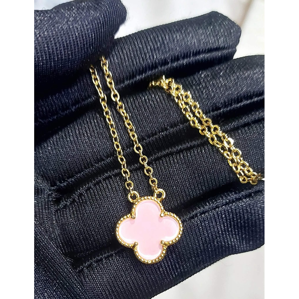 Pink Enamel Clover Necklace | Yellow Gold Setting | Adjustable 16–18 Inches product photo 5