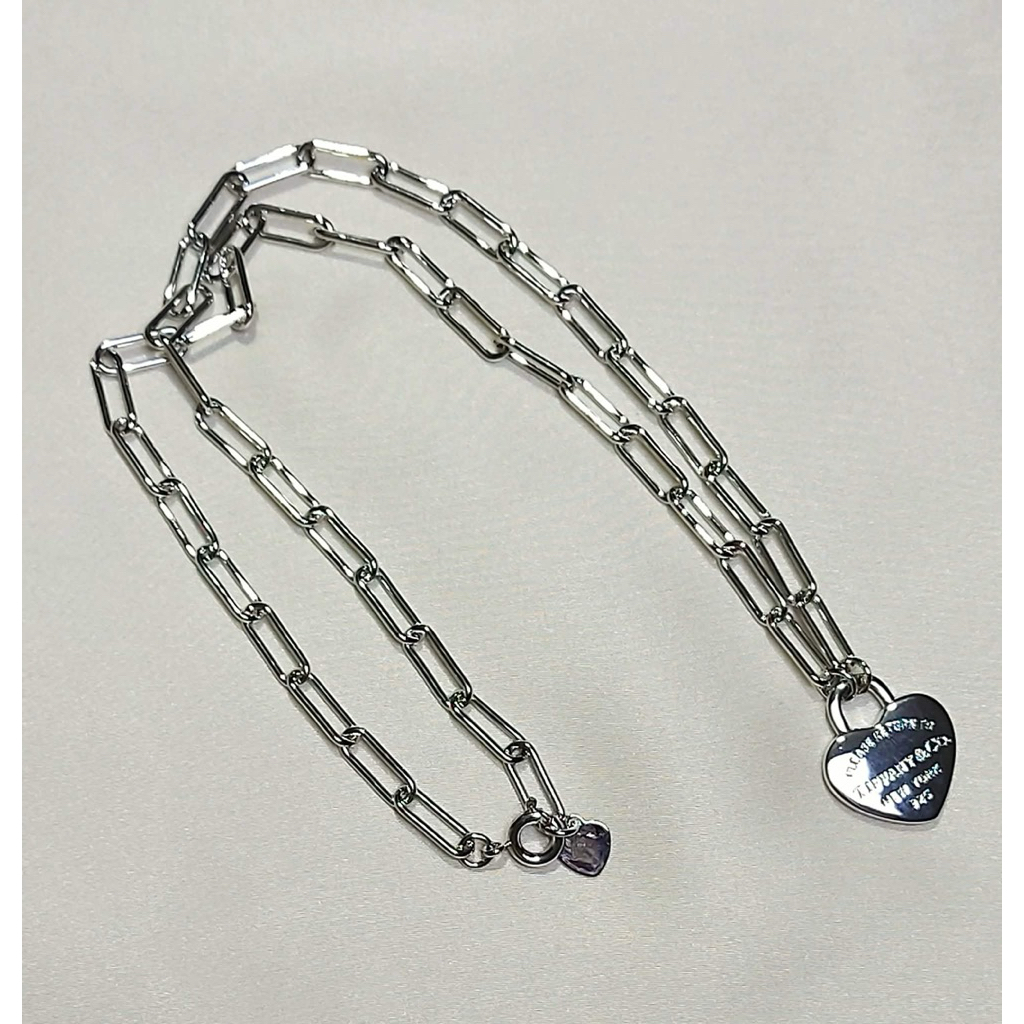 Heart Tag Paperclip Chain Necklace | Platinum Setting | Adjustable Length product photo 2