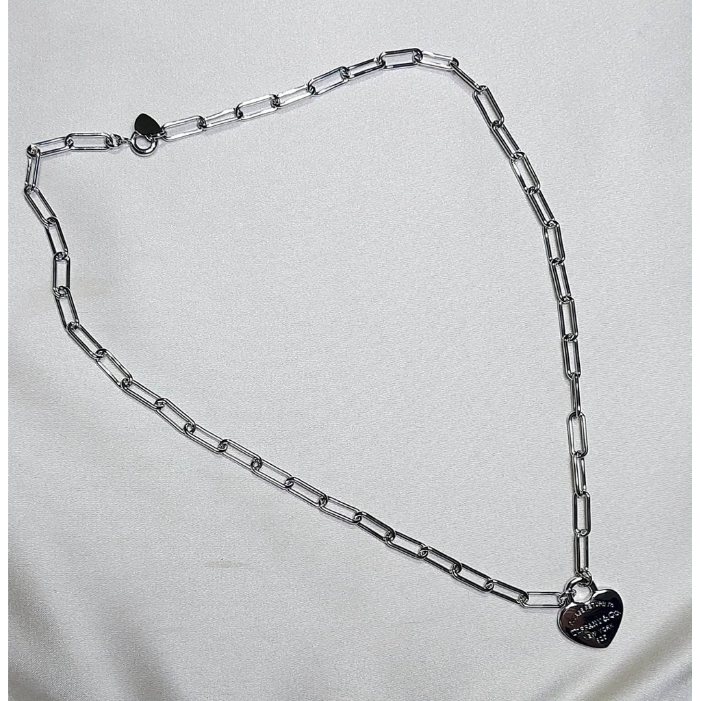 Heart Tag Paperclip Chain Necklace | Platinum Setting | Adjustable Length product photo 3