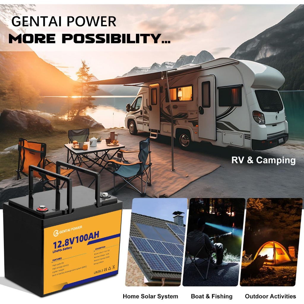 GENTAI  12V 100AH LiFePO4 Lithium Battery Max.1280Wh Energy, Group 24, Built-in 100A BMS — view 3