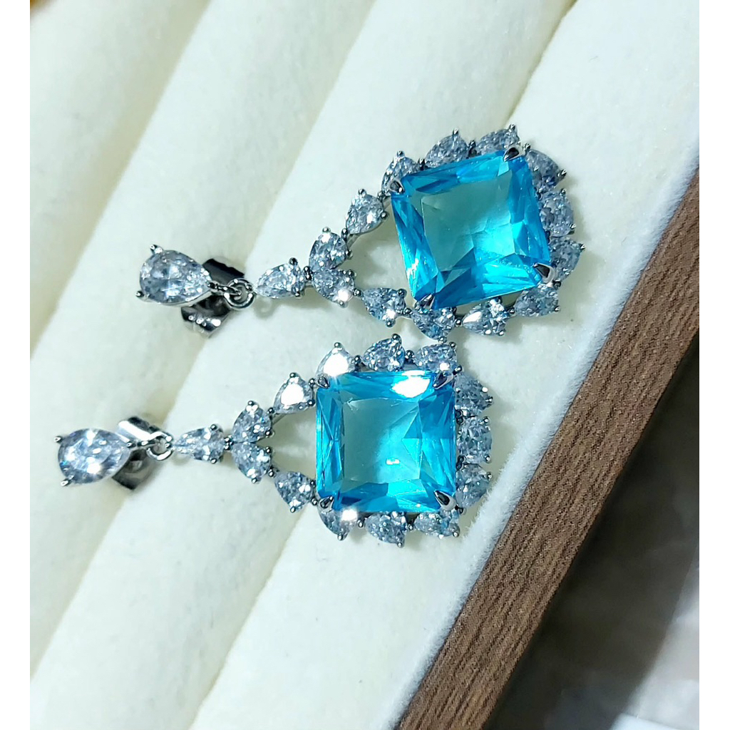 Square Blue Drop Earrings with Diamonds – Platinum Vermeil product photo 2
