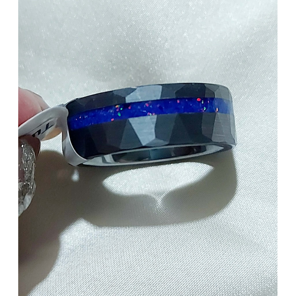 Tungsten Ring Size 9 | Black Faceted Band with Blue Opal Inlay | Lifetime Quality product photo 3