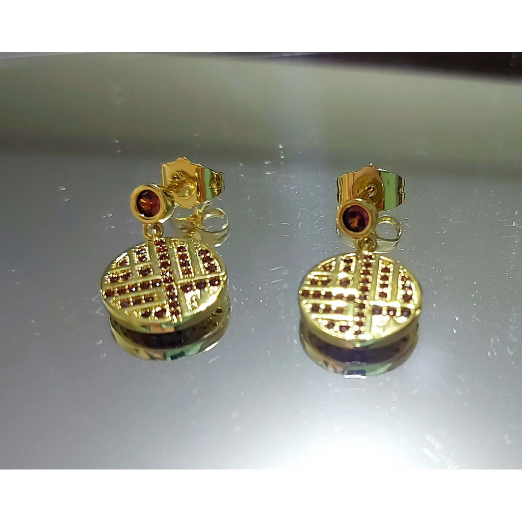Chinese Lucky Coin Drop Earrings with Swarov Crystals | Yellow Gold Setting product photo 4