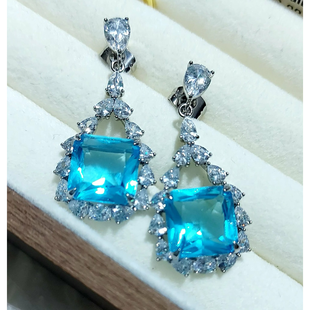 Square Blue Drop Earrings with Diamonds – Platinum Vermeil