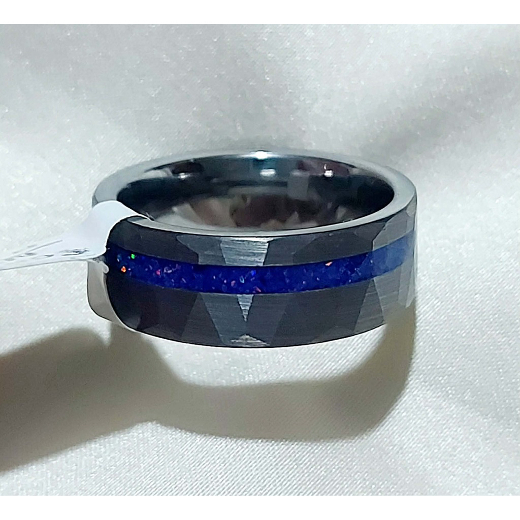 Tungsten Ring Size 9 | Black Faceted Band with Blue Opal Inlay | Lifetime Quality product photo 5