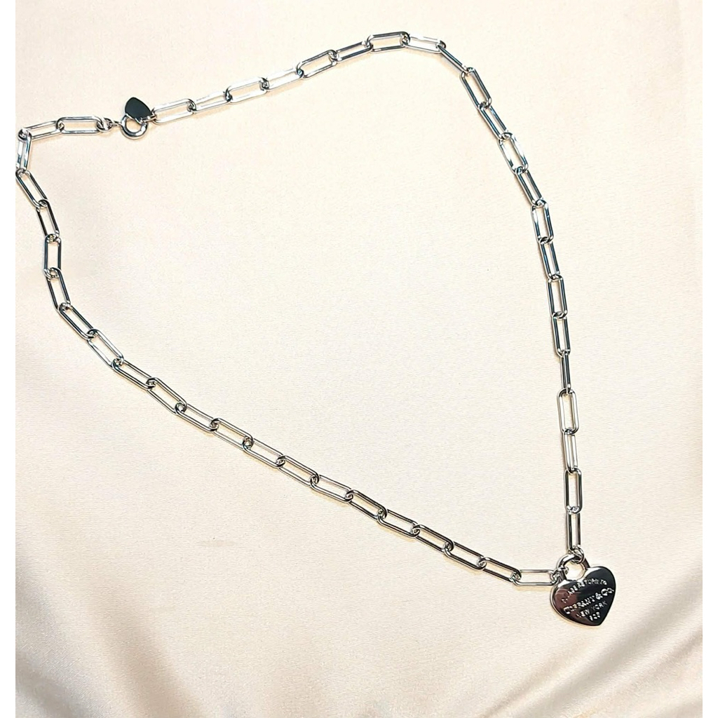 Heart Tag Paperclip Chain Necklace | Platinum Setting | Adjustable Length product photo 4