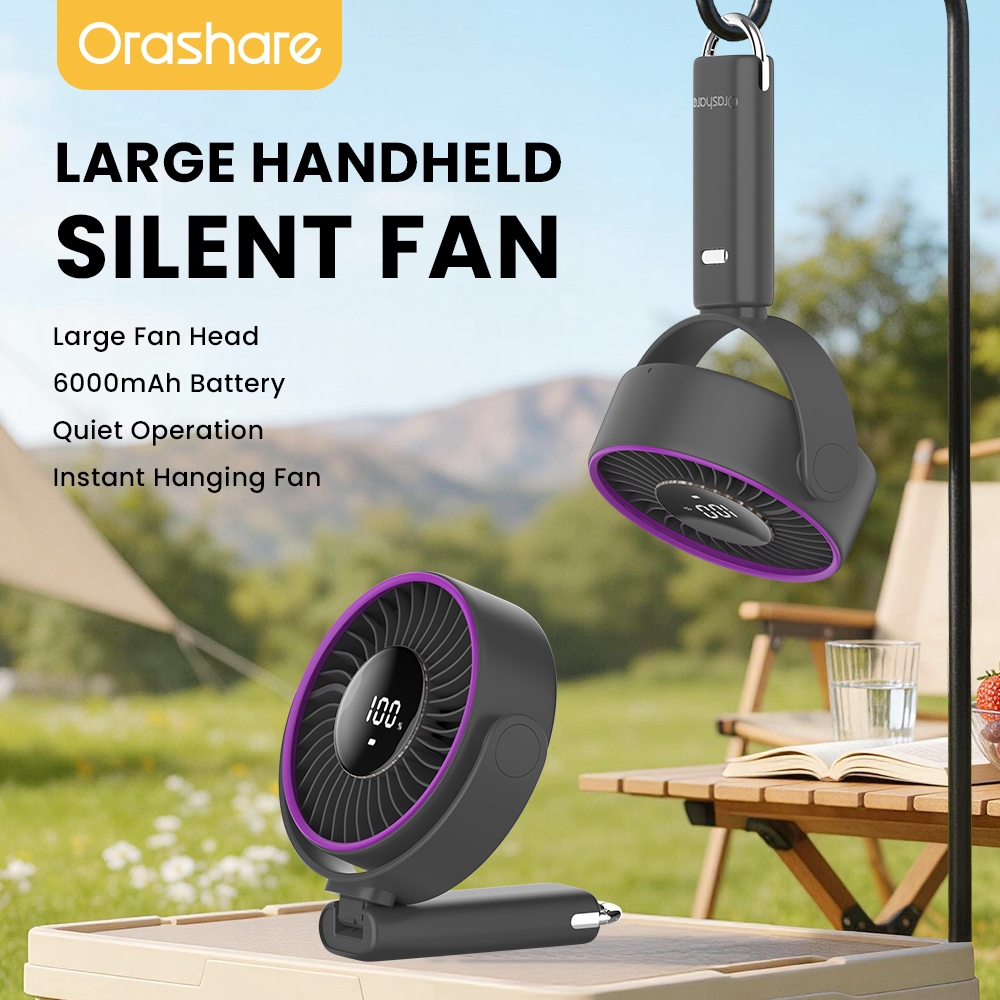 Orashare HF25 Big Foldable Handheld Fan 100‑Speed Silent 6000mAh Rechargeable Portable Hanging Fan
