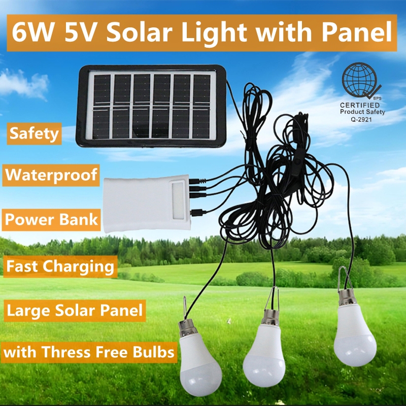 Fast Charging 6W 5V Solar Light Panel with 3 Bulbs Power Bank  Portable Waterproof Emergency Light