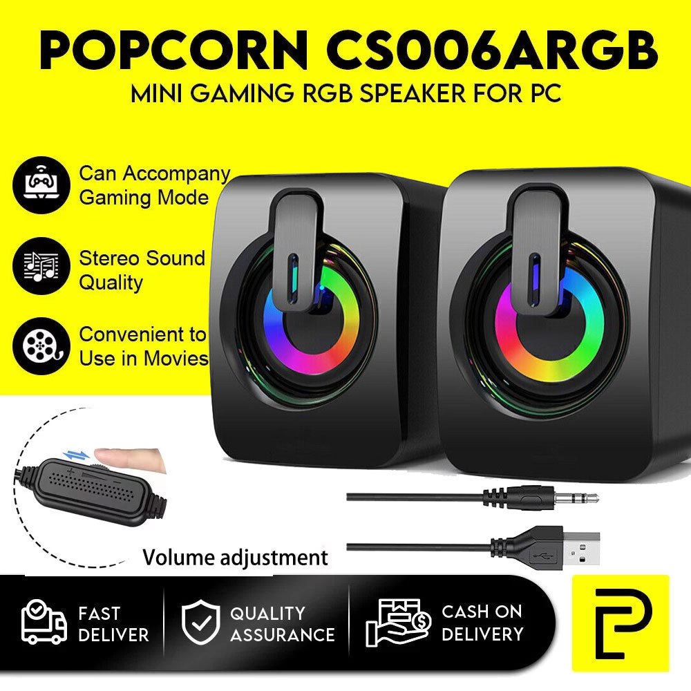 Popcorn CS006 Mini Computer Speaker for PC RGB Soundbar Desktop Gaming Speaker Laptop SurroundStereo