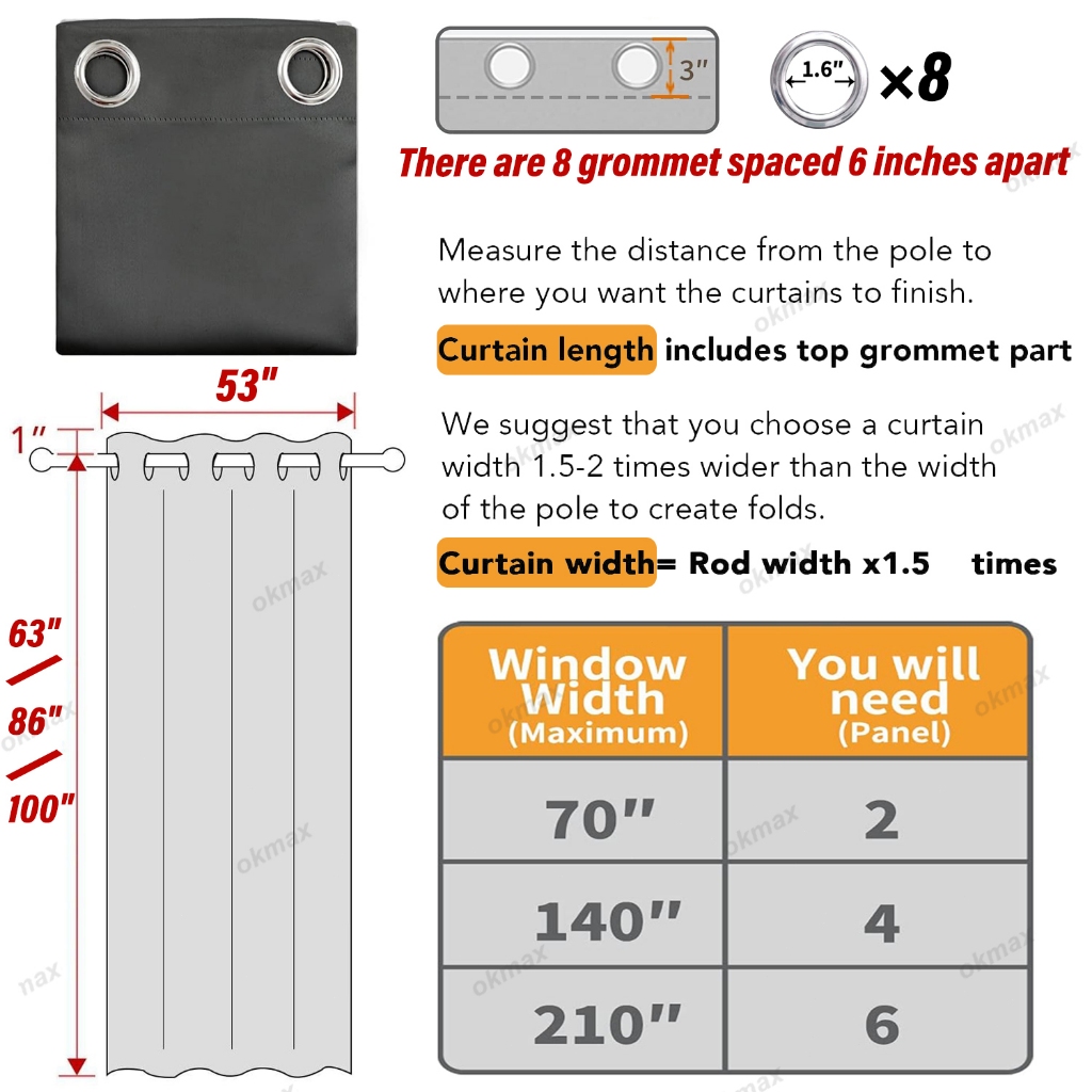 5/6/7/8/9ft 100% Blackout Curtains with Black Liner Thermal Insulated Noise Reducing Full Shading - Image 8