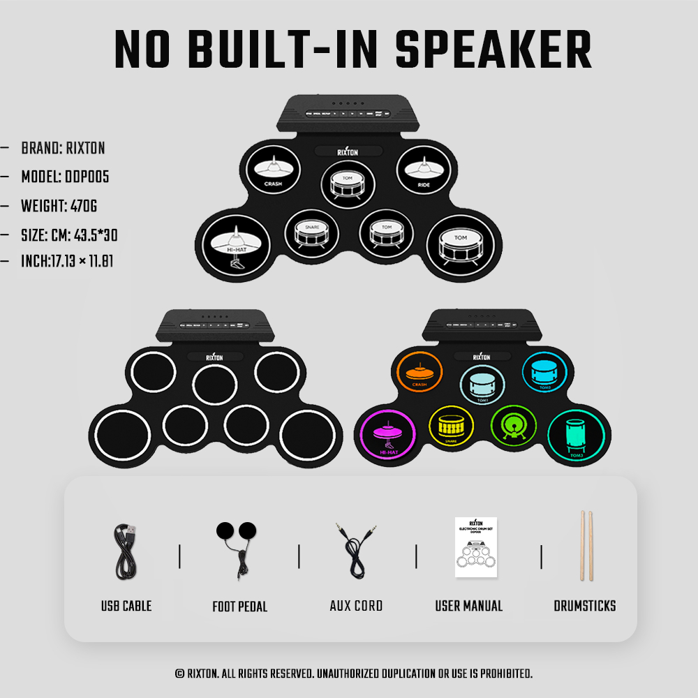 RIXTON Portable Electronic Drum Digital Roll-up Digital Drum Set Silicone Electric Drum Pad Kit - Image 8