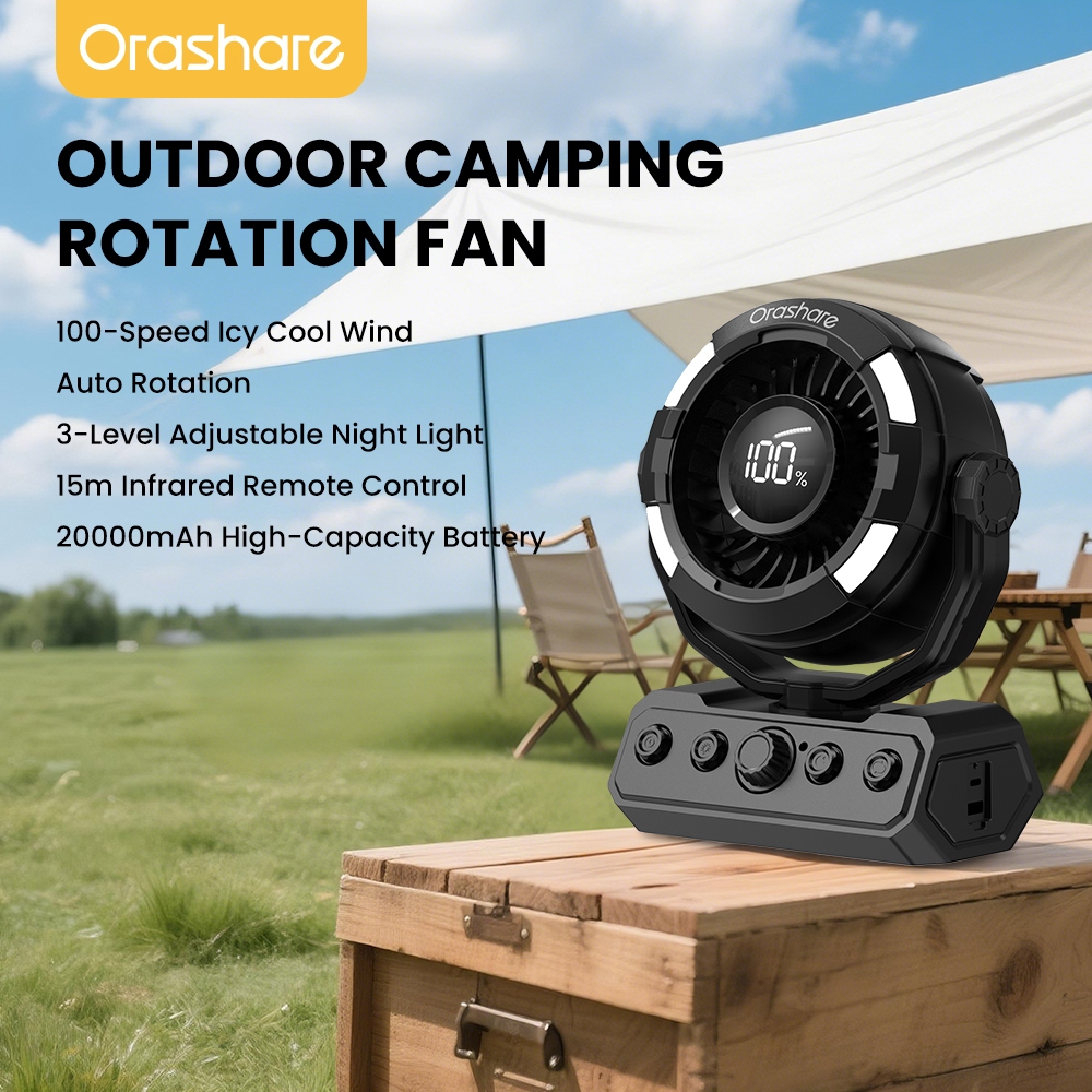Orashare DF09 20000mAh Rechargeable Camping Fan 100-Speed Remote 180° Oscillating with LED Light
