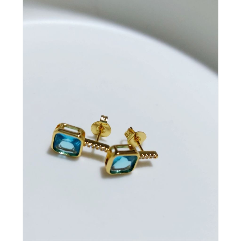 Square cut Aquamarine Drop Earrings w/dia. product photo 2