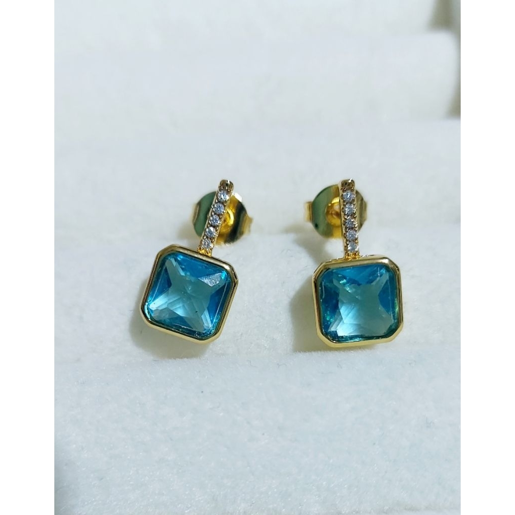 Square cut Aquamarine Drop Earrings w/dia. product photo 3