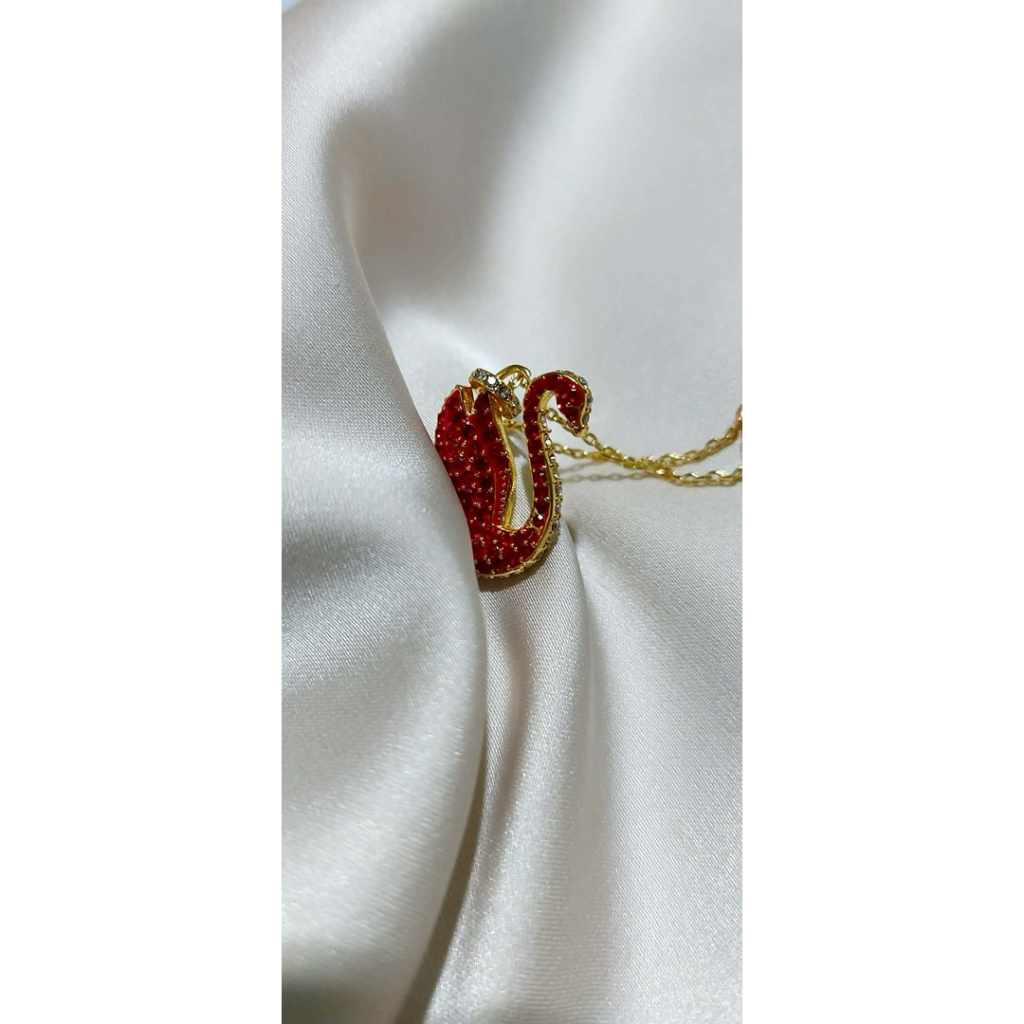 Elegant Swan Necklace | Red Crystal & White Stone Accents | Adjustable Length