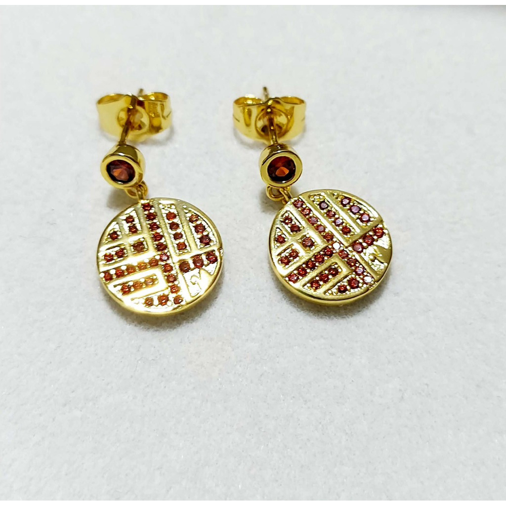 Chinese Lucky Coin Drop Earrings with Swarov Crystals | Yellow Gold Setting product photo 2