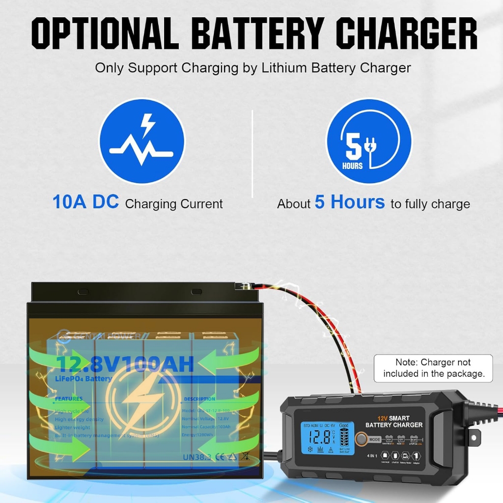 GENTAI  12V 100AH LiFePO4 Lithium Battery Max.1280Wh Energy, Group 24, Built-in 100A BMS — view 4