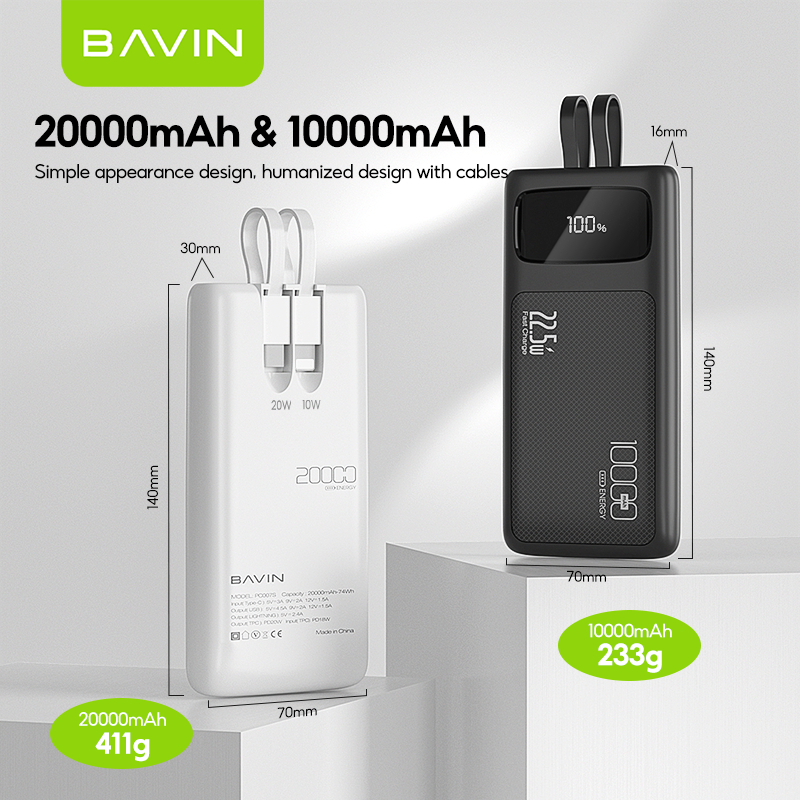 BAVIN PC008Pro 10000mAh/PC007Pro 20000mAh 22.5W Fast Charging Powerbank w/LED Display&Built-in Cable - Image 5
