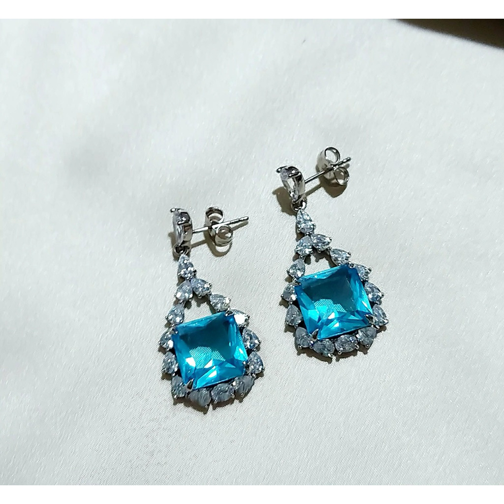 Square Blue Drop Earrings with Diamonds – Platinum Vermeil product photo 4