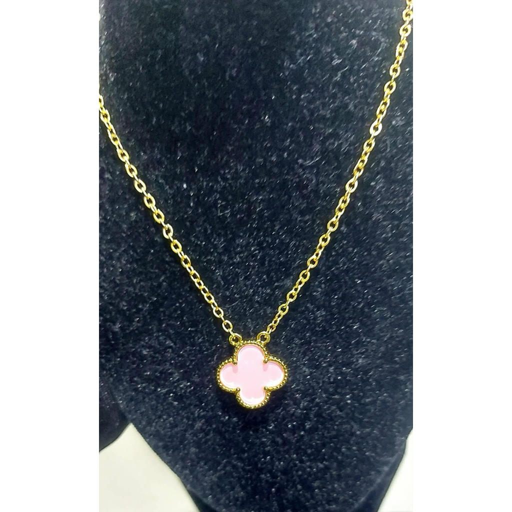 Pink Enamel Clover Necklace | Yellow Gold Setting | Adjustable 16–18 Inches product photo 1