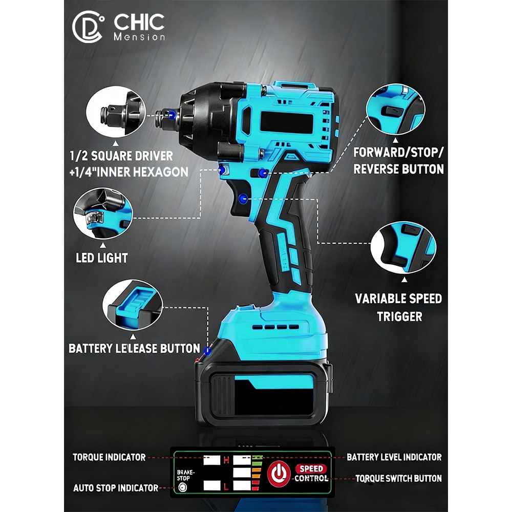 CHIC Electric Impact Wrench Cordless Heavy Duty Original Power Tools 1980VF/1280VF Brushless Ratchet — view 6
